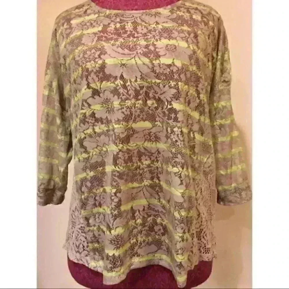 Style & Co Top Green Brown Floral 3/4 Sleeve